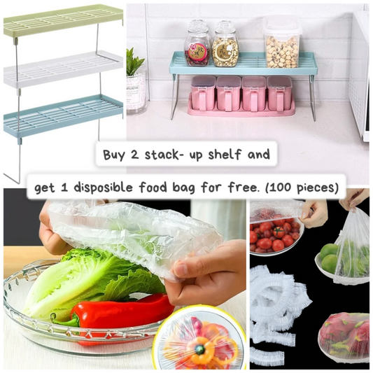 Stackable Kitchen Shelf Rack (Buy 2 Get 100 Free Food Storage Bags) – Space Saver Organizer for Cabinets & Fridge